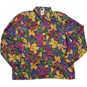 Vintage Elite Button Down Collared Floral Blouse Woman Medium  Shoulder Pad
